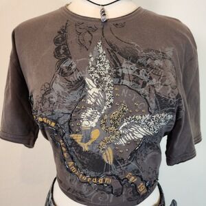 DKNY Jeans Brown Embellished Graphic T-Shirt Large Eagle New Amsterdam‎ Est 1989